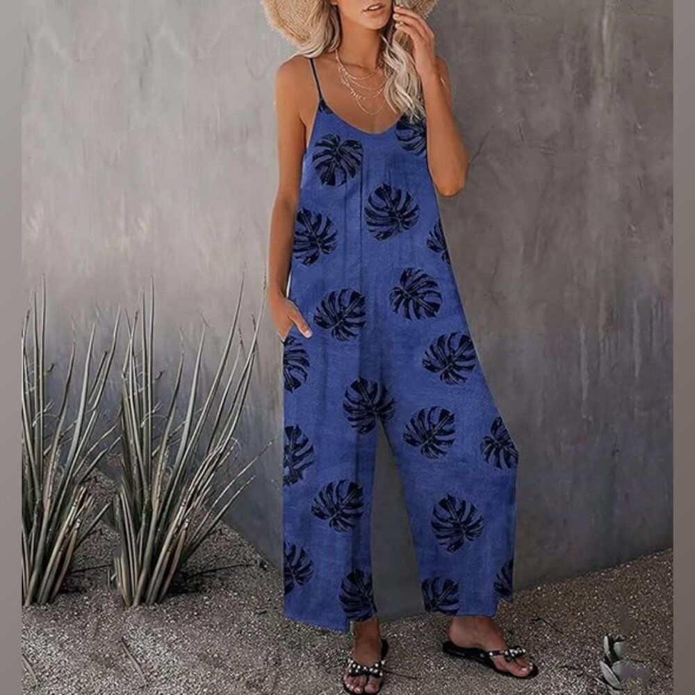 Hawaiian Tropical Floral Loose Fit Wide Leg Jumpsuit Romper Stretchy Blue M NEW